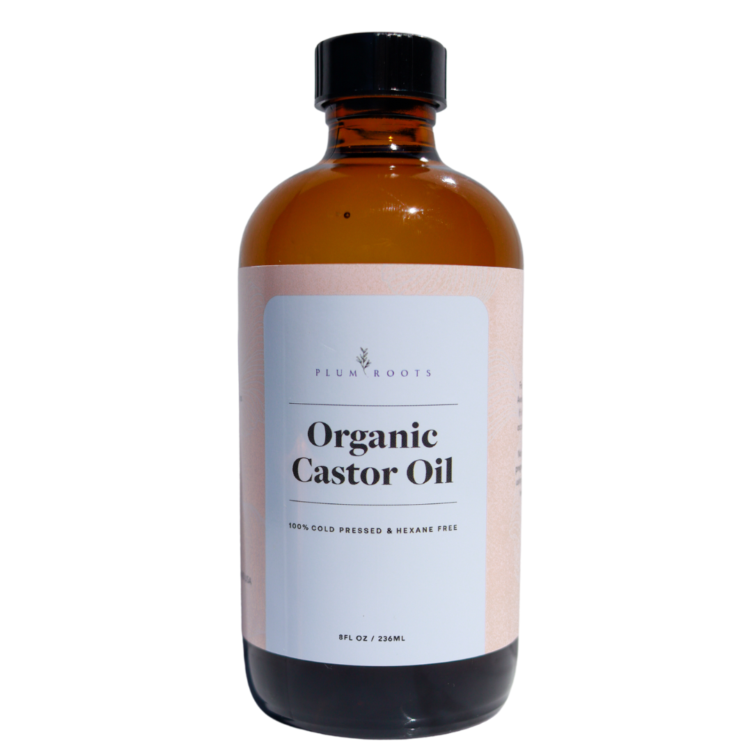 Organic Cold Pressed, Hexane Free Castor Oil in a amber glass bottle